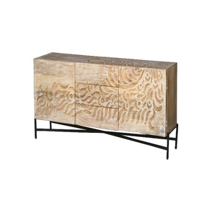 Hand-Carved Wooden <b>Sideboard</b> Cabinet with Abstract Wave Design | Natural Finish Storage Console with Metal Base - Product Image 4