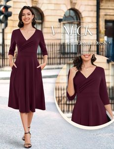 Đầm Cocktail Voan Tay 3/4 cổ chữ V cho nữ thường ngày mùa hè ĐẦM DỰ TIỆC Midi dài trà bằng cotton màu trơn vòng eo tự nhiên - Product Image 4