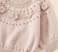 Pull en coton tricoté pour enfants, filles, hiver, OEM ODM, écologique, avec fleurs 3D au crochet faites à la main, manches longues ajourées et bord festonné
