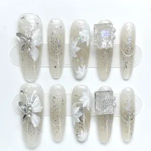 Buatan tangan berlian harian pengantin wanita penutup penuh Jelly panjang manikur Kit Tekan pada kupu-kupu stiker 3 D bunga untuk kuku kustom