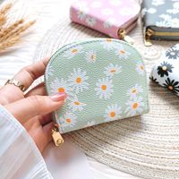 Dompet Kartu PU motif bunga desain Daisy kompak wanita panjang pendek dengan ritsleting & dompet koin lapisan poliester portabel