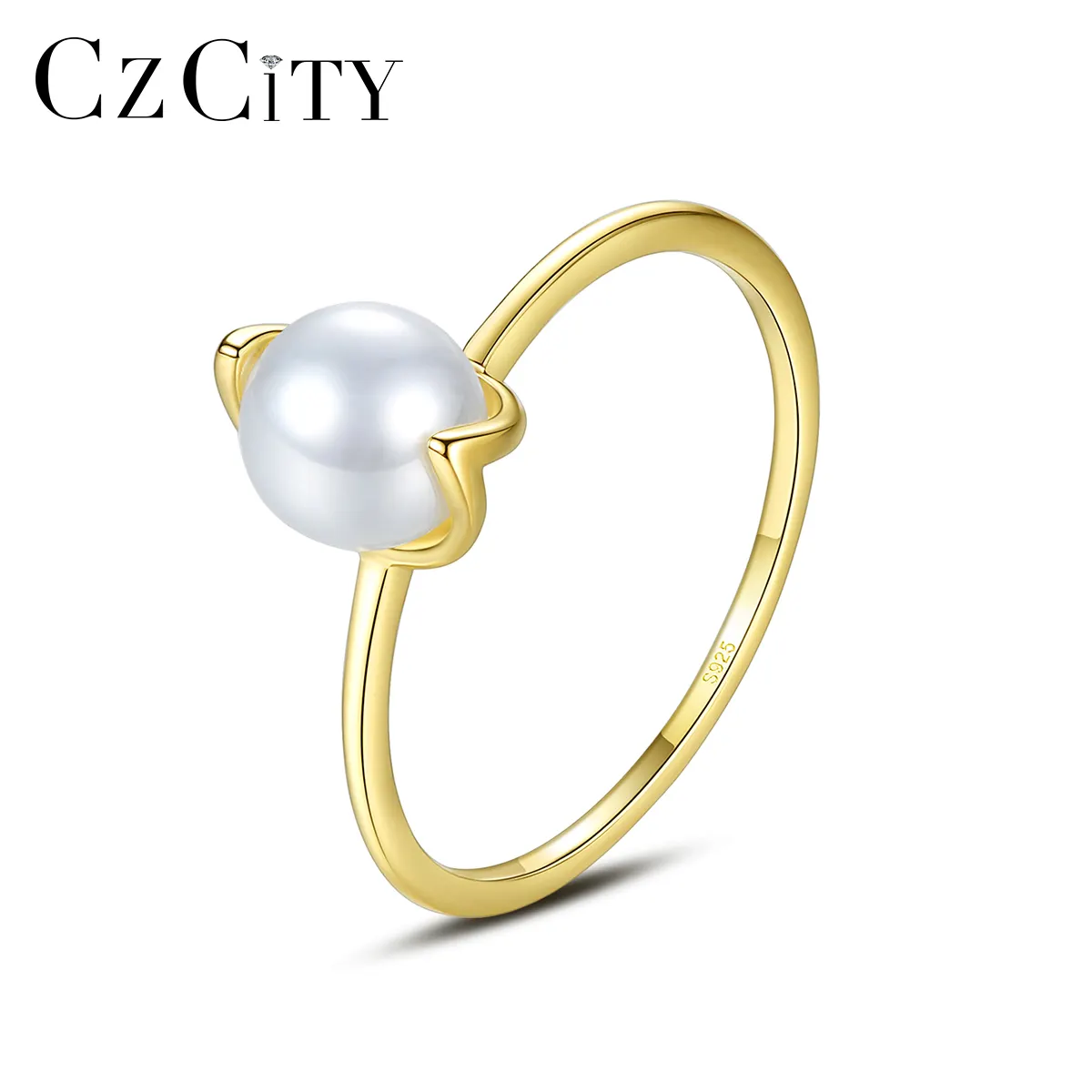 CZCITY Simple Style Gold Plated 925 Sterling Silver Stackable Mini Dainty Imitation Pearl Ring
