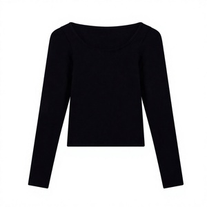 Women's <b>Black</b> Square Collar <b>Long</b> <b>Sleeve</b> <b>Crop</b> <b>Top</b> Slim Fit Knitted Solid Color Minimalist Style All Seasons Wear - Product Image 1