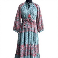 Robe longue décontractée pour femme en coton 100% écologique, imprimé floral, col halter, manches longues, à volants, poches, grande taille, avec pompons
