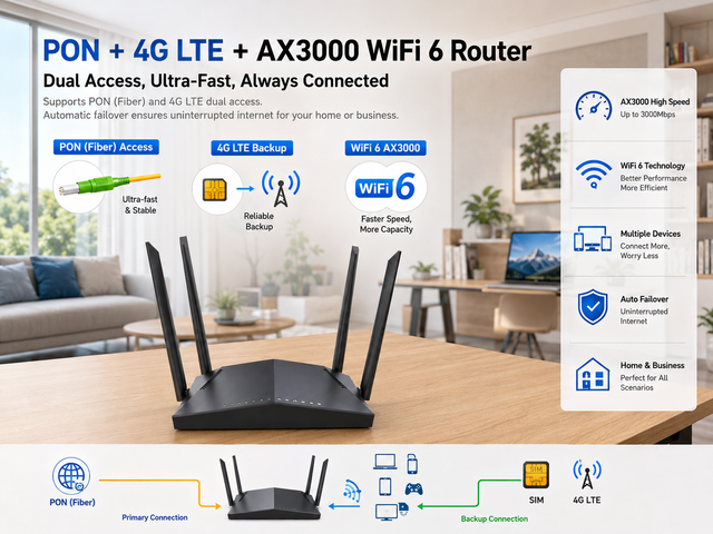FTTH PON 4G LTE WiFi6 AX3000 Wireless Router with Firewall VoIP QoS Gigabit Dual Band Home Network CPE
