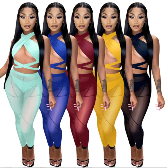 KaiChen 2022 New Arrival Spring Solid Color Mesh Sleeveless 3 Piece Sets Sexy Mesh Long Pant Two Piece Set Women Clothing