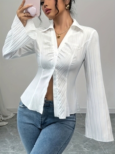 <strong>Plisse</strong> Texture Bell Sleeve Vintage Casual Shirt Elegant V Neck Button Blouse Regular Fit Solid Color Crinkle Fabric <strong>Top</strong> Office - Product Image 3