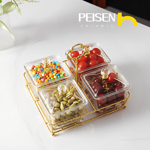 Plato de postre para aperitivos con partición de vidrio duradero con marco de hierro, plato de fruta apto para hoteles, barra de dulces, plato de frutas secas con tapa - Product Image 4