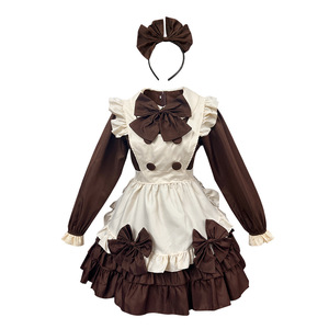 Robe Lolita Maid Cafe marron à manches longues, tablier, nœud et coiffe, costume de cosplay pour jeu de rôle anime - Product Image 5