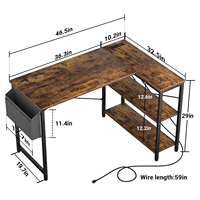 L-vormig metalen computerbureau met houten blad, 2 AC-aansluitingen, 2 USB-poorten, omkeerbaar, opklapbaar, milieuvriendelijk, modern thuiskantoor
