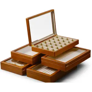 झुमके के लिए 12 स्लॉट वाले लकड़ी के आभूषण बॉक्स, दर्पण के साथ टिम्बर रिंग बॉक्स