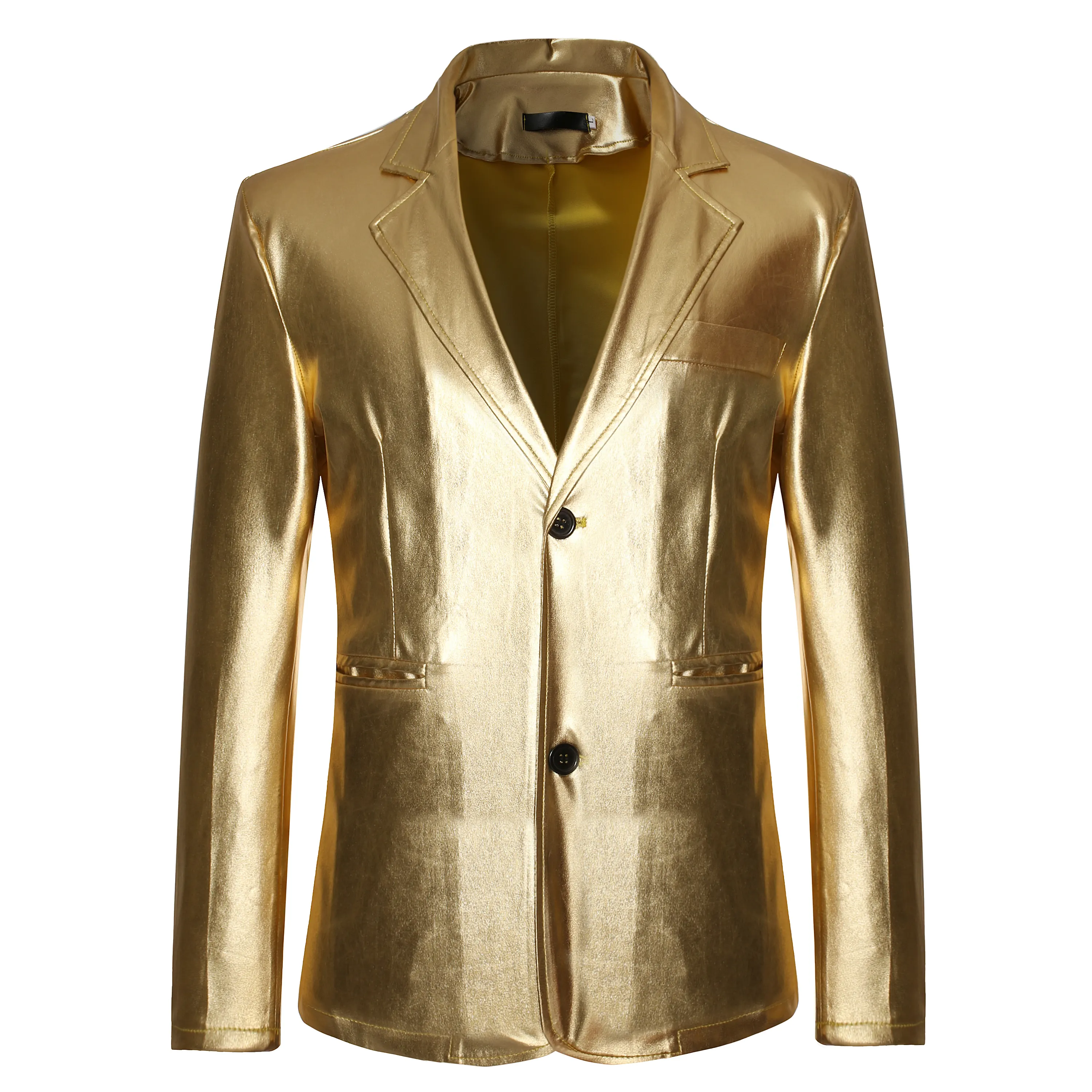 Metalik altın yeni moda rahat 2 parça ceket pantolon slim fit blazer takım elbise ile erkekler için parti