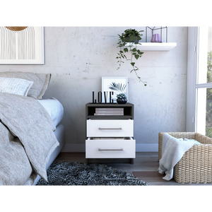 Nightstand 20H Two <b>Drawers</b> Smokey Oak White Metal Handles <b>Storage</b> <b>Drawer</b> - Product Image 2