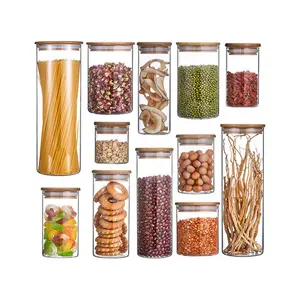 6.5*12cm/350ml Wholesale Cheap Airtight Cylinder Food Candy Canisters Handmade Small Glass Spice Storage Jars With Bamboo Lids