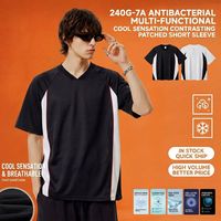 T-shirt d'été à col en V patchwork, résistant aux bactéries 7A, sensation de fraîcheur, séchage rapide, léger et respirant pour hommes et femmes