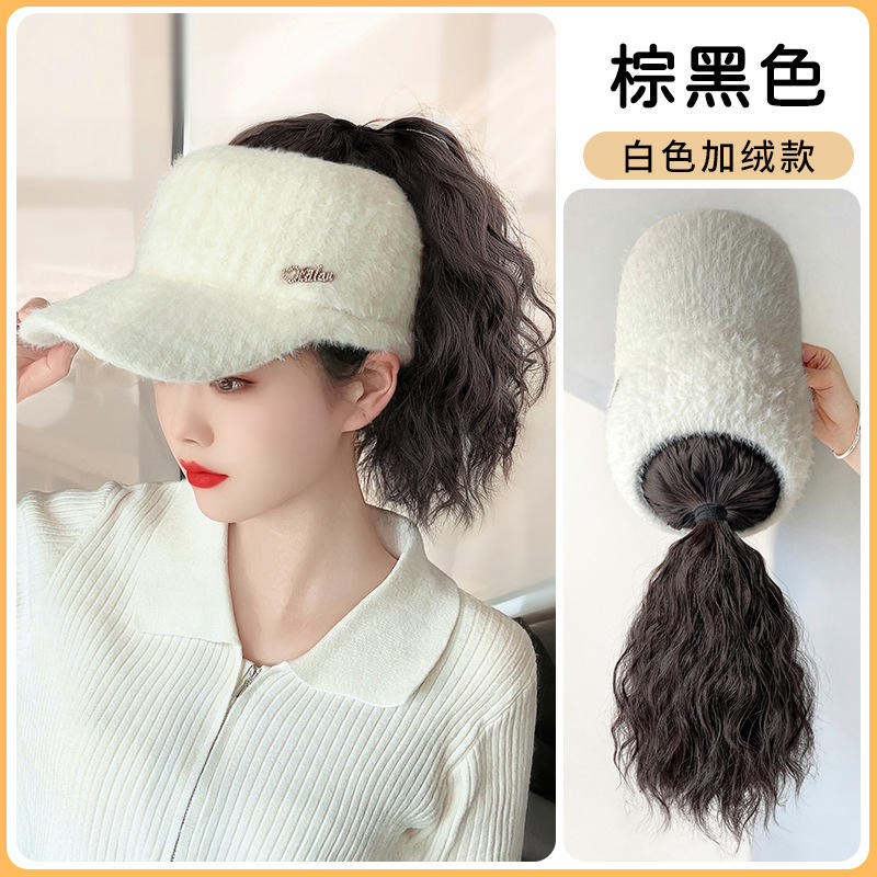 หมวกบังแดดผ้ากำมะหยี่สีขาวพร้อมหางม้าหยิก [สีน้ำตาล-ดำ]