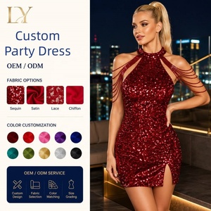Vestido <span class=keywords><strong>de</strong></span> Fiesta Borgoña con Lentejuelas, Cuello Halter, Flecos <span class=keywords><strong>de</strong></span> Cuentas y Epaulettes, Mini Vestido <span class=keywords><strong>de</strong></span> Fiesta al por Mayor - Product Image 1