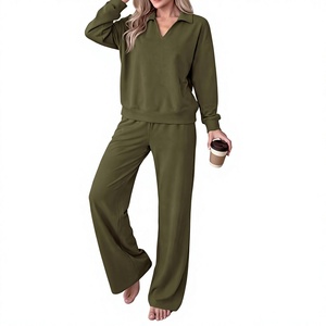 Ensemble décontracté 2 pièces pour femme : Sweat-shirt à col polo à manches longues et pantalon large à cordon de serrage, 280 GSM, 100 % coton - Product Image 2