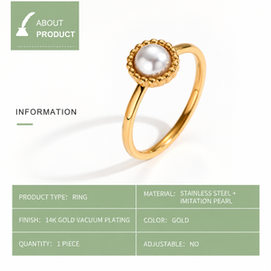 แหวนมุกเทียมสแตนเลสสีทอง ดีไซน์ทรงกลมประดับมุก - Product Image 5