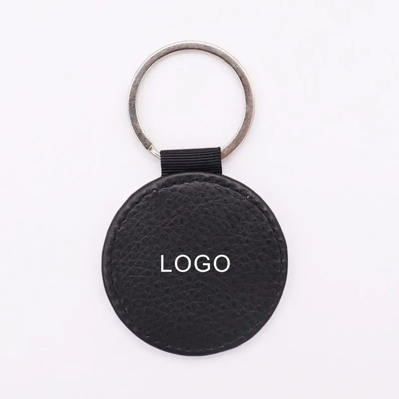 Hot Selling Brand Name Logo Custom Round Printed Leather Key Chain Embossed Leather Tag with metal ring for promotional gifts