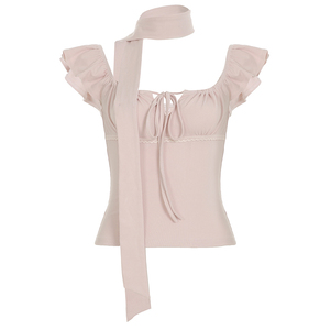 Women Square <b>Neck</b> Strap Short Sleeve T Shirt Flutter Sleeve Crop Knit Top Slim Fit Casual Summer Fashion Tee - Product Image 5