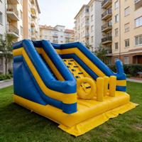 Mur d'escalade gonflable écologique en PVC de la marque DST bleu et jaune, combo d'obstacles interactif pour enfants, château gonflable avec jeu de lancer d'anneaux