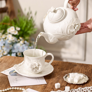 Embossed Hand-sculpted Floral French Ceramic Coffee Cup, Saucer & Teapot <b>Set</b>, Vintage British Afternoon <b>Tea</b> Tableware with Snack - Product Image 2