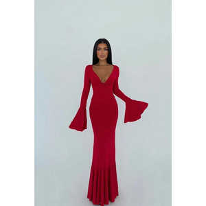 Robe de soirée rouge brodée à manches longues, style droit simple, col montant, taille empire, tailles XS-XL, pour banquets et invités de mariage - Product Image 2