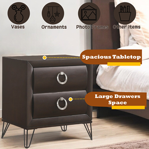 Dark Merlot Finish Nightstand With Two <b>Drawers</b> And Ring Handles Modern Bedroom Storage <b>Side</b> <b>Table</b> - Product Image 5
