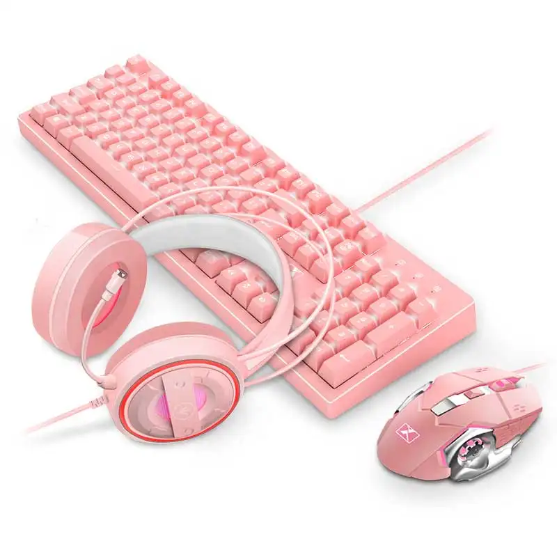 Girl Metal LED Kit Mouse Keyboard Headphone Combo Mechanical Pink Game Gaming Keyboard and Mouse