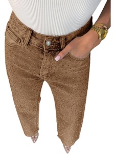 Wholesale 2026 High Waist Diamond Studded Jeans Women Slimming Bleach Washed Straight Leg Solid Summer Casual <strong>DenimPants</strong> Elegant - Product Image 1