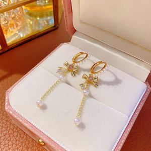 S925 Silver Needle Tassel Bow Pearl <b>Earrings</b> for Women Luxury Micro Paved Zircon Shiny Zirconia Pearl <b>Earring</b> Half Hoop <b>Earrings</b> - Product Image 4
