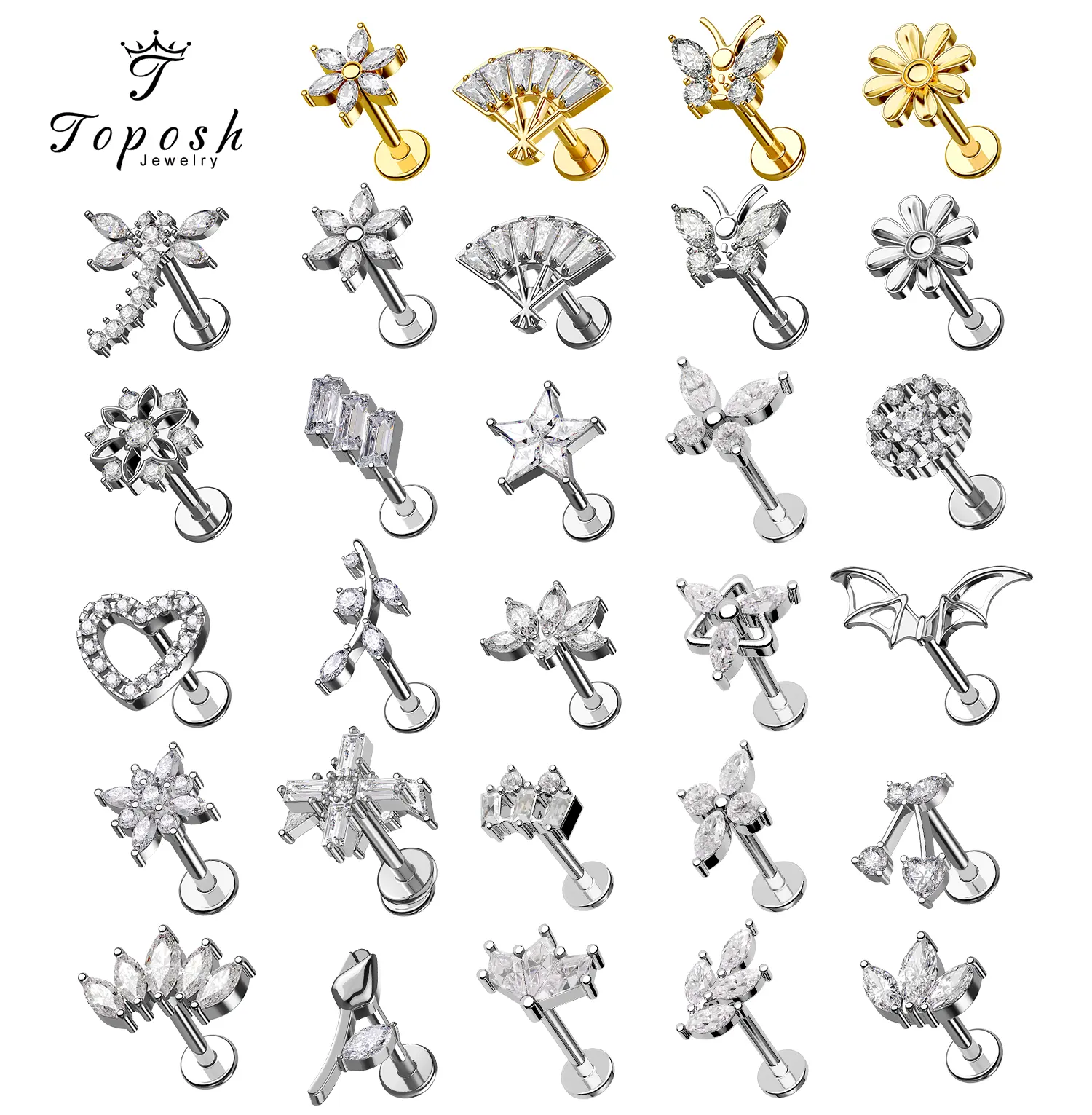 Conjunto de joias piercing de titânio ASTM F136 para orelha push in sem rosca e moldura cabochão opala e zircônia cúbica