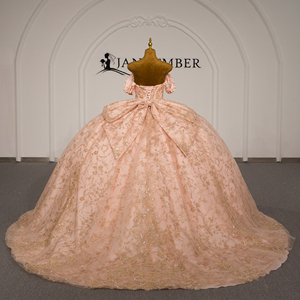 ชุดราตรีงาน Quinceanera รุ่น Lsdz011-Pz สีพีช ดีไซน์หรูหรา ผ้าชีฟอง ทรงบอลกาวน์ ช่วงตัวเสื้อจับจีบ คอรูปหัวใจ สายคล้องไหล่แบบวัตโต้ ชายกระโปรงยาวประดับลูกปัด - Product Image 5