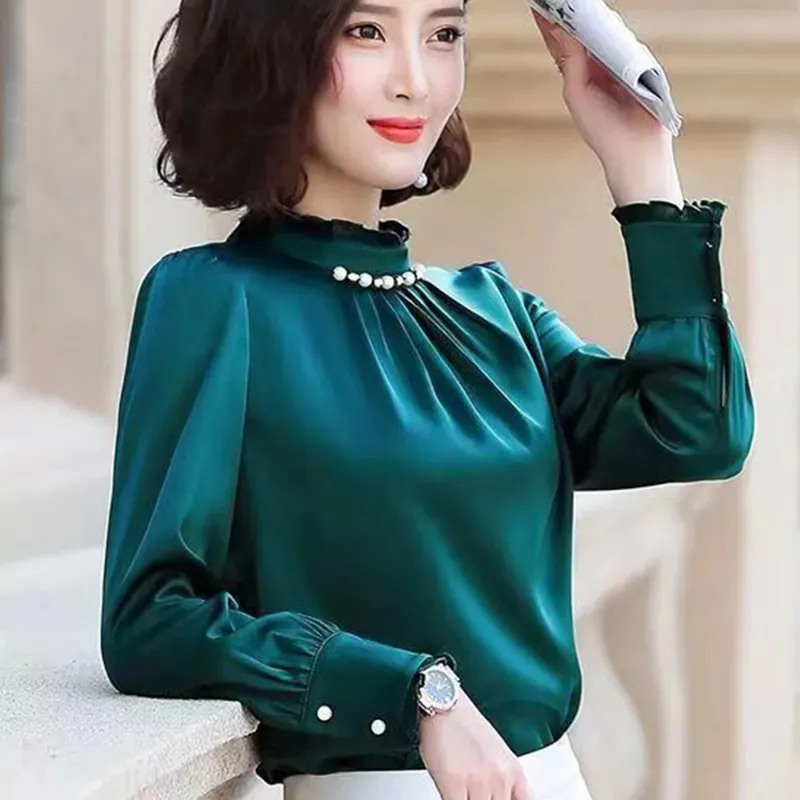 Women Spring Long Sleeve Office Lady Elegant Shirts Women's Bead Pleated Stand Collar Tops Blouse Casual Shirt
