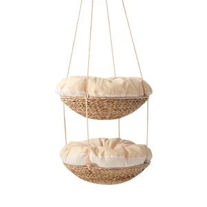 Handwoven rattan cat hanging basket Double-deck Weaving Natural Pet Products indoor banana leaf cat hammock