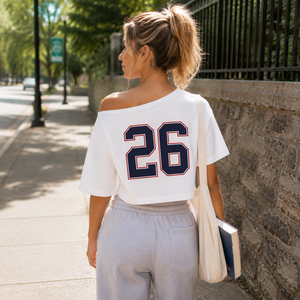 Custom Number Women Off Shoulder <b>Crop</b> <b>Top</b> Shirt College Style <b>Crop</b> Tee Streetwear Vintage Graphic Short Sleeve <b>Top</b> For Game Day - Product Image 2