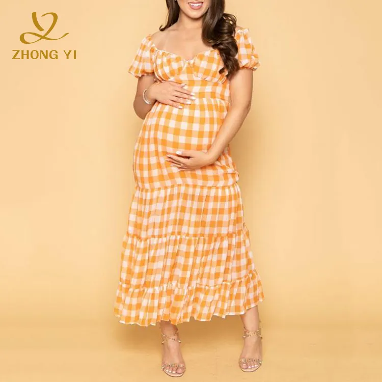 Custom Plaid Pregnancy Clothes Show Back Waist Ruffle Hem Skirt Lantern Short Sleeve Ladies Large Size Midi Maternity Dresses