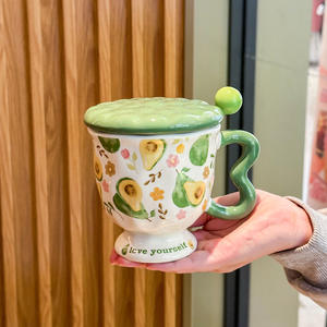Avocado Ceramic <b>Mug</b> With Lid And Handle Hand Painted <b>Cute</b> Fruit Design For Girls Office Coffee Cup Birthday Gift - Product Image 1