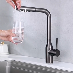 Robinet de cuisine moderne classique en chrome, à rotation à 360 degrés, à noyau céramique magnétique, à poignée unique, brossé, à extraction, eau chaude et froide - Product Image 4