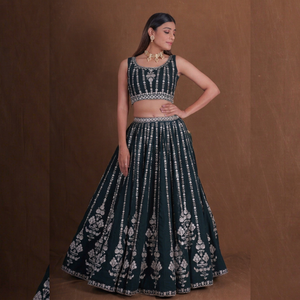 Lehenga Choli Verde Bordado de Tela de Red, Largo hasta el Suelo, para Mujeres Adultas, Traje Tradicional Indio Pakistaní para Bodas y Fiestas - Product Image 1