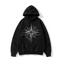 Sweat à capuche noir délavé à l'acide avec motif flamme en strass et capuche cloutée, ourlet vieilli, style streetwear, fabrication OEM