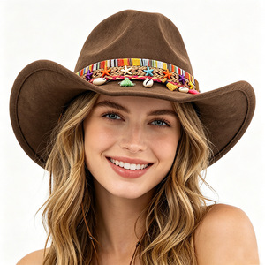 Sombrero de Vaquero Occidental de Gamuza Estilo Bohemio Europeo Americano, Sombrero de <span class=keywords><strong>Jazz</strong></span> Tibetano de Ala Corta Étnico para Minorías Étnicas - Product Image 1