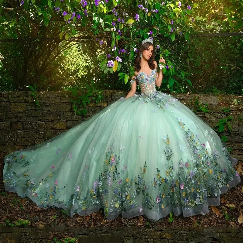 green 15 dress Ball Gown Tulle Off The Shoulder Sage Green Quinceanera Dress, Sage Green / 8