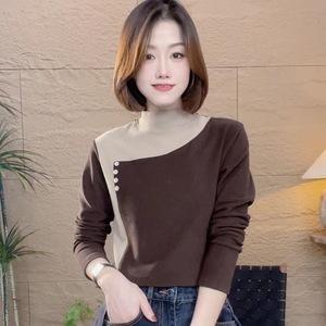 Women's High Neck Long Sleeve Knit Top Color Blocking Splicing Soft Warm Autumn Winter Casual T-Shirt Red Black Coffee Gray - Product Image 3