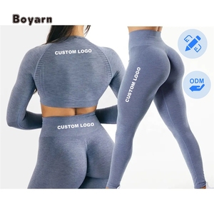 Boyarn GYM 18 Colors Scrunch Butt <b>Leggings</b> <b>Women</b> Sports Sets Long Sleeve Top Compression Seamless Tights Fitness Yoga Set - Product Image 1