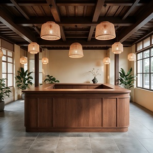 Mostrador de Exhibición en Forma de L de Madera, Color Marrón Claro Barnizado, Respaldo Sólido, Vitrina para Tienda Minorista, Luz LED de Techo - Product Image 1