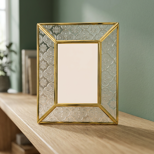 SAFA INTERNATIONAL Gold Frame <b>Rectangle</b> Glass <b>Mirror</b> Embossed Pattern Decorative <b>Wall</b> Mounting Contemporary Design Home Interior - Product Image 1