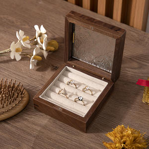 Oak Wood Walnut Color Rings Storage Organizer <b>Box</b> with Real <b>Glass</b> Pattern On Window Ready to Ship In Stock - Product Image 6