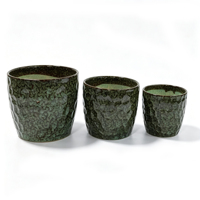Set Trio Pot Keramik Lapis Patina Hijau Lumut, Tampilan Lichen Usang, untuk Dekorasi Balkon, Bangku Taman, dan Luar Ruangan
